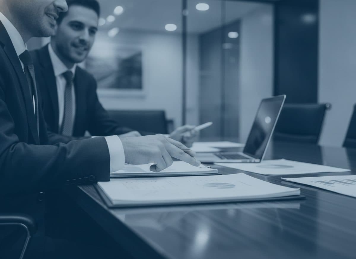 Two Beyond Freedom Financial CPAs reviewing a client's financials at a boardroom table