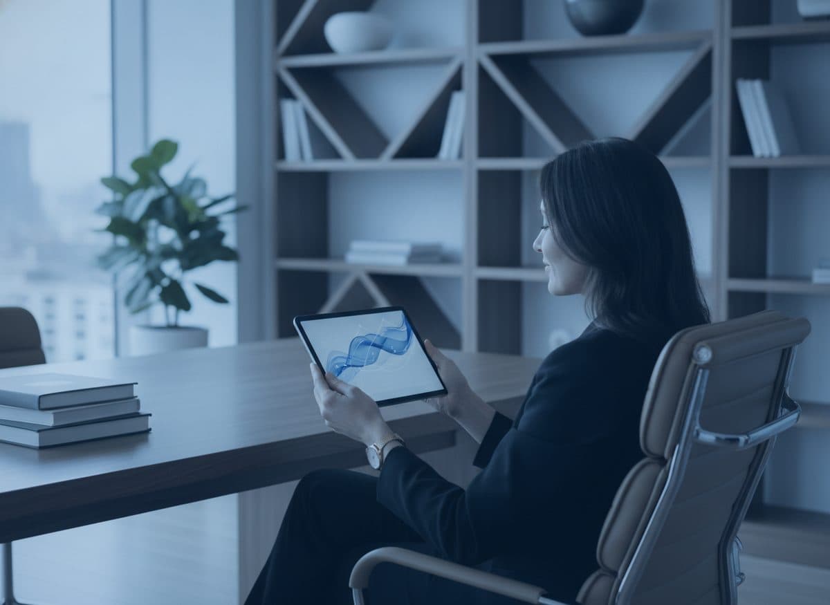 A business owner reviewing growth on a tablet in an upscale office